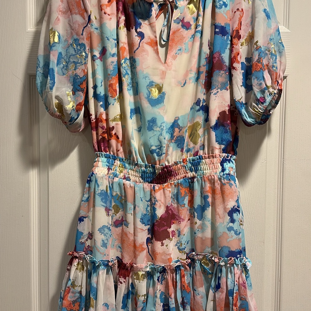 Buddy Love Multicolor Watercolor Mini Dress with Gold Accents